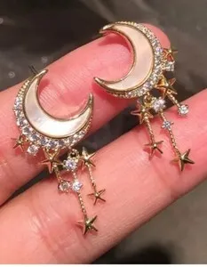 Authentic Crystal with white Moon and Stars gold plated Dangle post pierced Earrings -