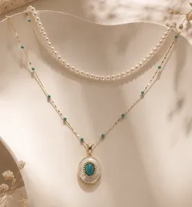 Authentic Layered Turquoise Pearl Necklace Set S925 Silver Gold Plated Stars in the Sky