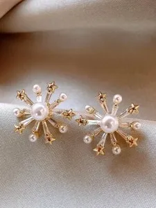 Authentic Celestial Firework Blossom Earrings – Gold‑Plated Stars, Pearls & Crystals