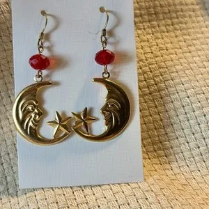 Authentic Celestial Moon‑Star Earrings – Hand‑Forged Gold‑Plated Guardians