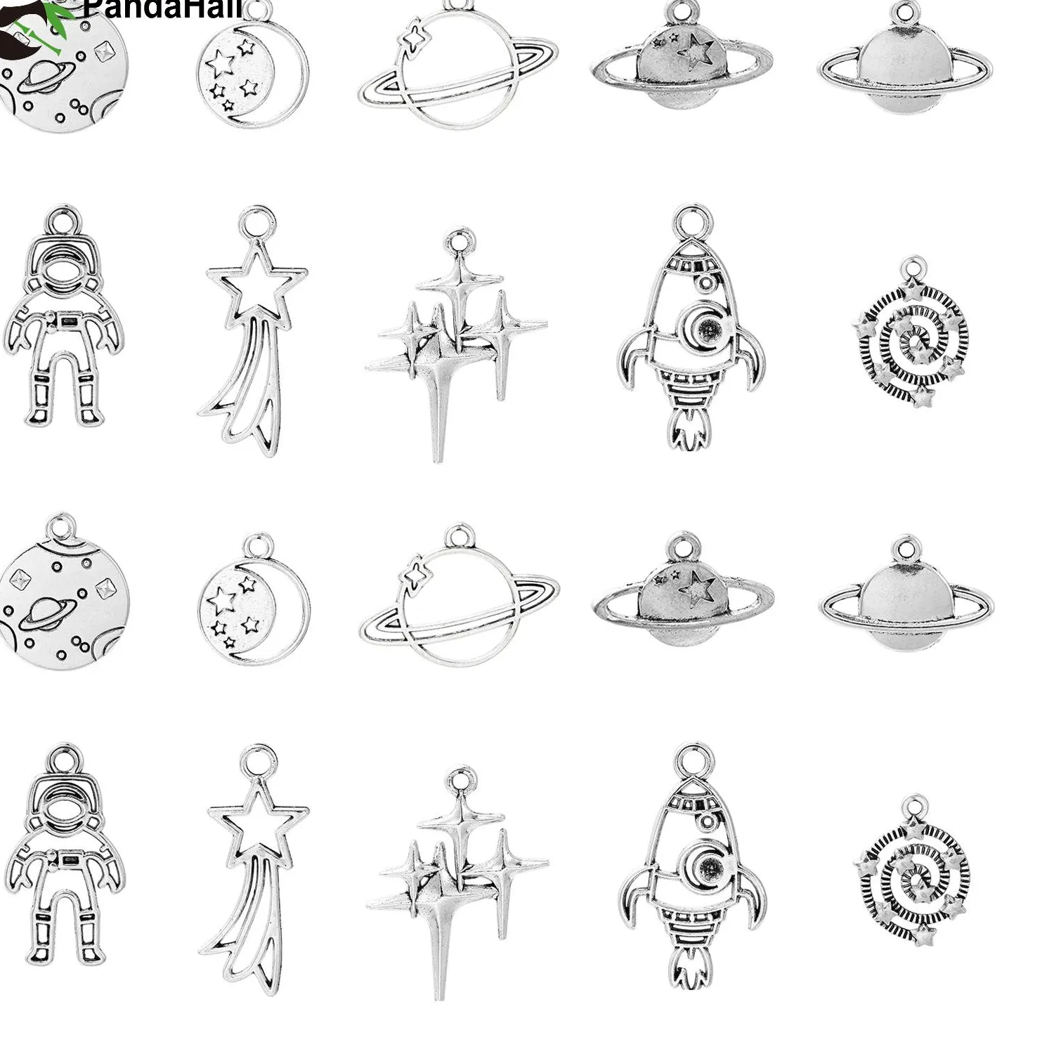 Authentic PandaHall 50pcs Tibetn Planet Charms Mixed Styles Star Astronaut Rocket Charms Space Universe Charms for Jewelry Making