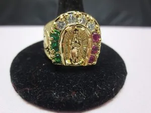 Authentic The Virgin Mary's Golden Embrace: A Three-Colored Cubic Zirconia Ring of Divine Fortune