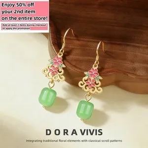Authentic Green Jade Enamel Dangle Earrings Boho Flower Gemstone 18K Gold Plated