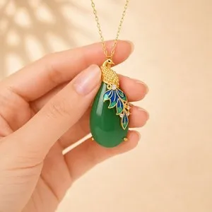 Authentic Peacock Green Jade Pendant Necklace 18K Gold Plated Chain Dainty Jewelry Women