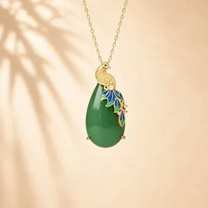 Authentic The Emerald Gaze Pendant: Peacock Green Jade & 18K Gold Radiance