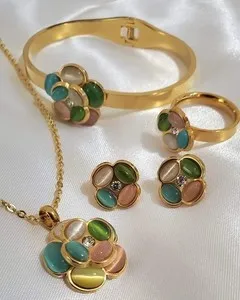 Authentic 18K Gold Plated Green Multi Flower Necklace Bracelet Ring