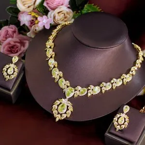 Authentic Emerald Emanation: Olive Green Leaf Drop Necklace and Earrings Set