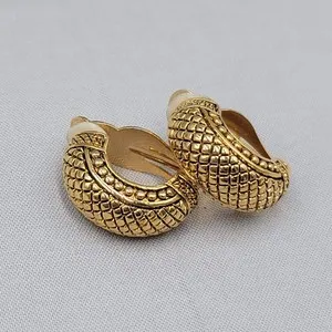 Authentic Vintage Embossed Oxidized Half Hoop Clip on Earrings Gold Plated Drop 1"