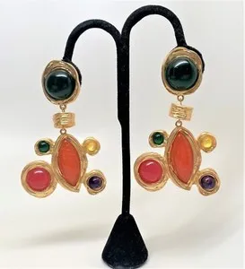 Authentic Orange, Purple & Green Glass Cabochon Gold Plated Signed Clip on Long Earrings