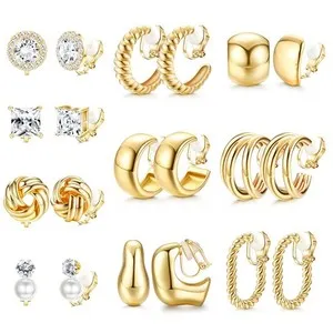 Authentic FIBO 10 Pairs Clip On Earrings CZ Pearl Gold Plated Non Pierced Set