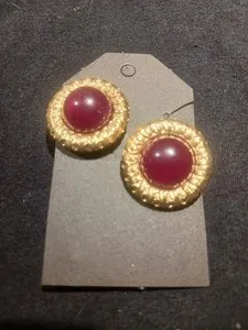 Authentic Vintage -Givenchy -Red Cabochon Gold Plated Round Clip On Earrings