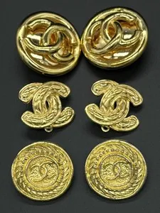 Authentic Lot of 3 Large Round Pairs Vintage Chanel CC Logo Gold Plated Clip On Earrings