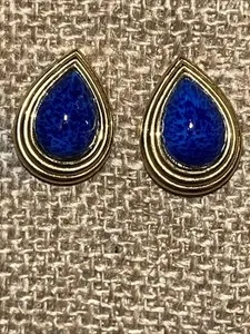Authentic Christian Dior Teardrop Lapis Lazuli Yellow Gold Plated Clip On Earrings SIGNED