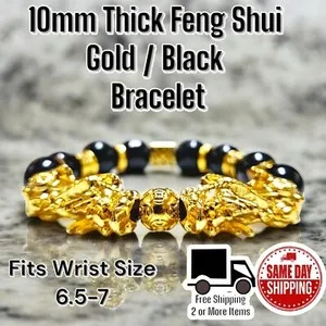 Authentic Feng Shui Heavy Gold Plated 10mm Square Gold & Black Bracelet Wrist Sz 6.5-7