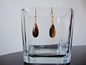 Authentic VTG HANDMADE FENG SHUI TIGER'S EYE TEARDROP GOLD PLATED DANGLE HOOK EARRINGS