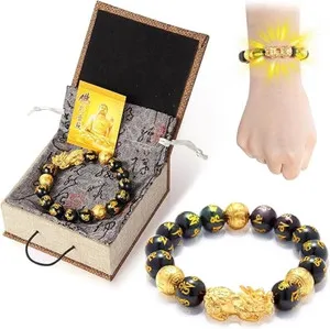 Authentic Feng Shui Bracelet 24K Gold Plated PiXiu Bracelet, Obsidian Dragon Protection Me