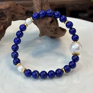 Authentic Natural Lapis Lazuli & Pearl Bracelet Gold Plated Celestial Feng Shui Jewelry