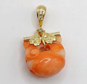 Authentic Hand Carved Coral Amulet Pendant Gold-Plated Silver Floral Feng Shui Good Luck