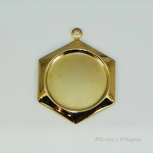 Authentic 18mm Round Gold Plated Hexagonal Cabochon (Cab) Drop Settings 4pc