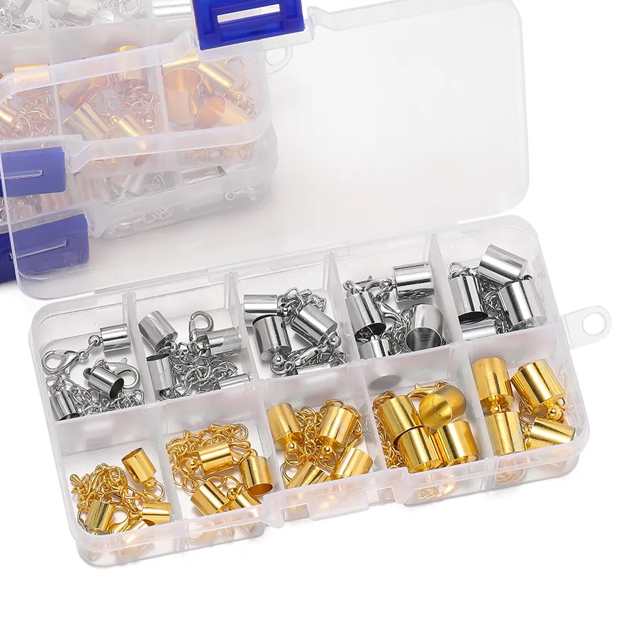 Authentic 20pcs/set 6 7 8 9 10mm Leather Cord Crimps End Tip Caps Connector Tail Chain Lobster Clasp Hooks For Jewelry Making Bracelet
