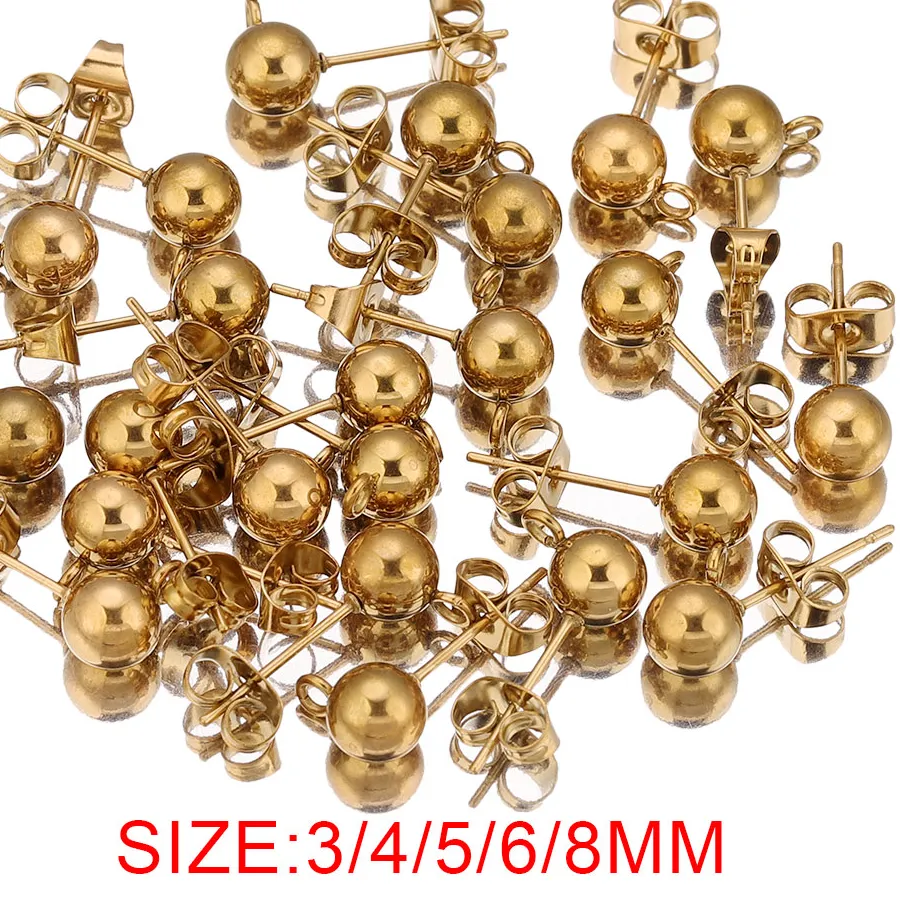 Authentic 20pcs 4 5 6 8mm Round Ball Stud Earring Loop Hooks Posts Earrings Back for DIY Jewelry Making Supplies