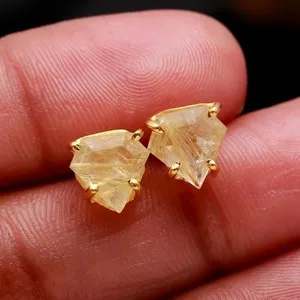 Authentic Natural Golden Rutile Shield Stud Earrings Gold Fill 925 Sterling Silver Jewelry