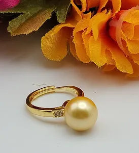 Authentic Gold Plated Clear Rhinestone Golden Pearl Ring Size 7.75