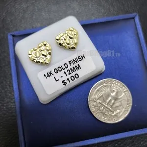 Authentic 14K Gold Plated Golden Nugget Heart Pendant Necklace & Earrings Set