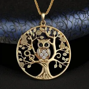 Authentic 18K Gold Plated Women Men Owl Tree Round Pendant Necklace Jewelry Golden