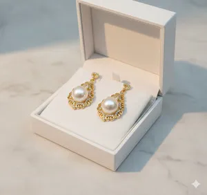 Authentic Freshwater White Pearl Zircon Drop Earrings 30mm Gold Plated Dangle Women