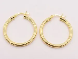 Authentic 3mm X 30mm 1 1/4" All Shiny Plain Hoop Earrings 14K Yellow Gold Gold-Plated 925