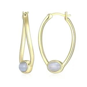 Authentic 30mm Gold-Plated 925 Silver Hoop Earrings Genuine Blue Lace Agate ELLE