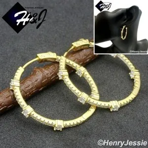 Authentic WOMEN 925 STERLING SILVER ICY BLING CZ 30MM GOLD PLATED HOOP ROUND EARRING*GE255