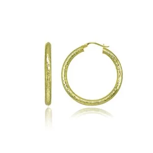 Authentic 3x30mm Round Diamond-Cut Polished Gold Plated 925 Silver Medium Hoop Earrings