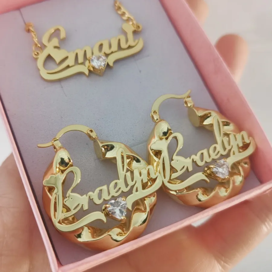 Authentic Leechee Heart Zircon 30Mm Twist Hoop Earloop Custom Heart Nameplate Pendant Necklace Jewelry Birthday