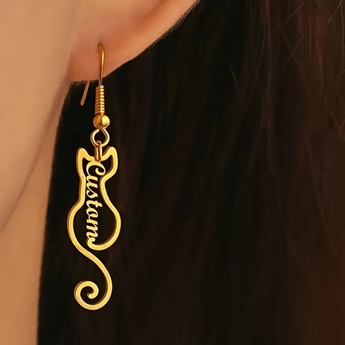 Authentic Custom Cat Shape Name Earrings Animal Element Personized Earrings Jewelry Female Ear Accessories