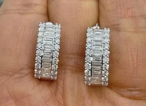 Authentic 2Ct Baguette Cut Lab Created Diamond Huggie Hoop Earrings 14K White Gold Plated