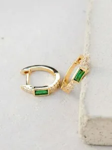 Authentic 1.50Ct Baguette Simulated Emerald Huggie Hoop Earrings 14K Yellow Gold Plated