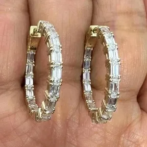 Authentic Huggie Hoop Earrings 2Ct Baguette Cut Lab Created Diamond 14K Yellow Gold Plated
