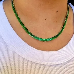 Authentic 20TCW Baguette Cut Lab Created Emerald Tennis Necklace 14k Yellow Gold Plated