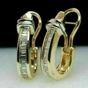 Authentic 1Ct Baguette Cut Lab Created Diamond Hoop Earring For Women in 14K Gold Plated