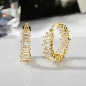 Authentic 2Ct Baguette Cut Simulated Diamond Huggie Hoop Earrings 14K Yellow Gold Plated