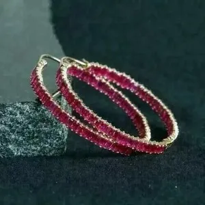 Authentic 3Ct Baguette Cut Lab Created Diamond 14k Yellow Gold Plated Ruby Hoop Earring