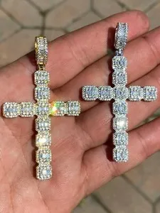 Authentic Mens 925 Sterling Baguette CZ Cross Pendant Iced Gold Plated Silver Necklace BIG