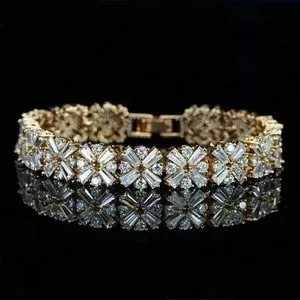 Authentic 7.5Ct Baguette Simulated Diamond Flower Tennis Bracelet 14K Yellow Gold Plated