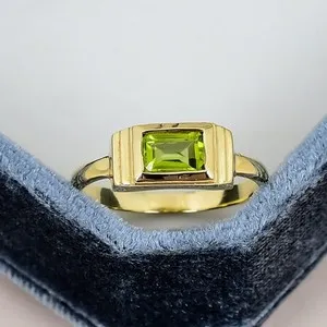 Authentic Peridot Ring 18K Gold Plated 4x6mm Baguette Gemstone Signet Style Ring