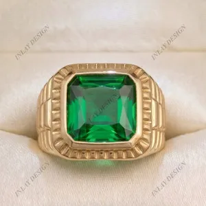 Authentic Green Emerald Baguette Men's Band Ring 14K Yellow Gold Plated Gemstone Ring For