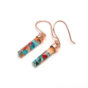 Authentic Natural Oyster Turquoise Baguette Earrings Rose Gold Plated Solid Silver Jewelry