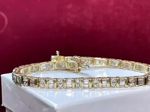 Authentic 10 Ct Baguette Cut Created Diamond Women Tennis Bracelet 14K Yellow Gold Plated