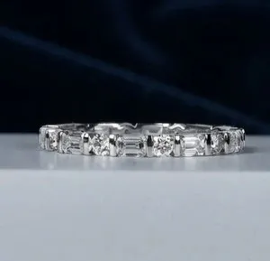 Authentic 0.78 CT Baguette & Round Bar Set Moissanite Wedding Band 14K White Gold Plated